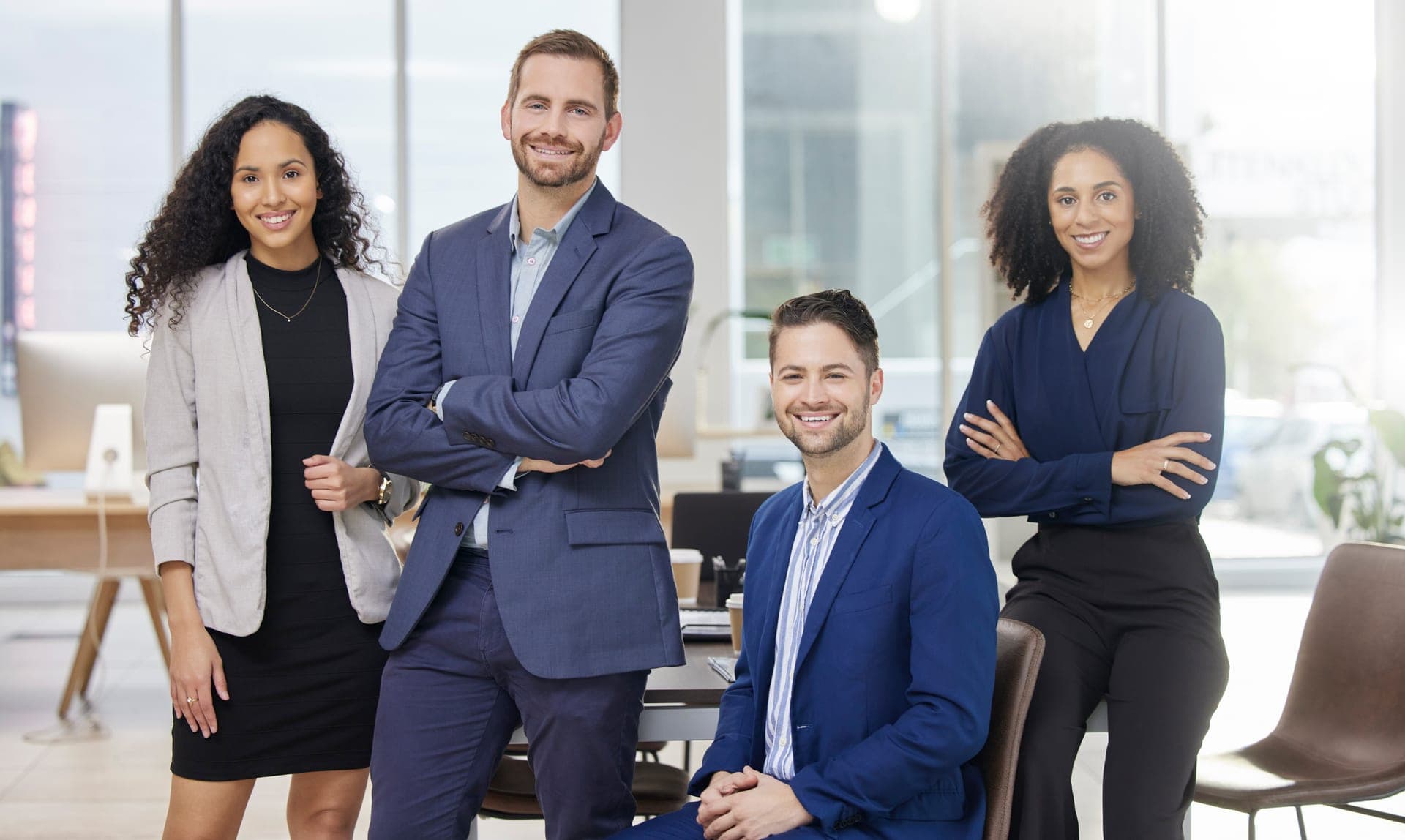 A diverse team of business advisors collaborating in an office